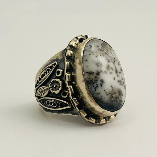 Fossil Agate Ring with Flower Design