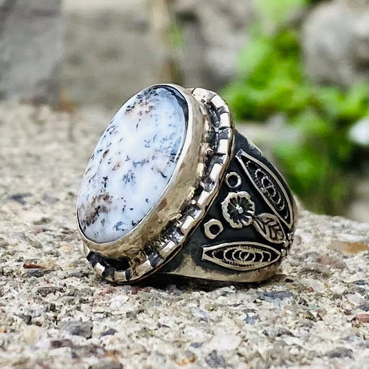 Fossil Agate Ring with Flower Design