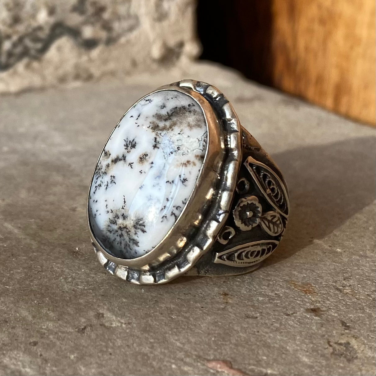 Fossil Agate Ring with Flower Design